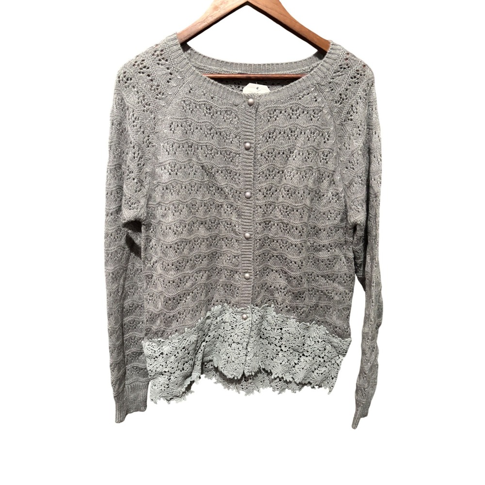 Basil Lola Gray Mohair Blend Knit Cardigan Sweater‎ Lace Trim Medium M